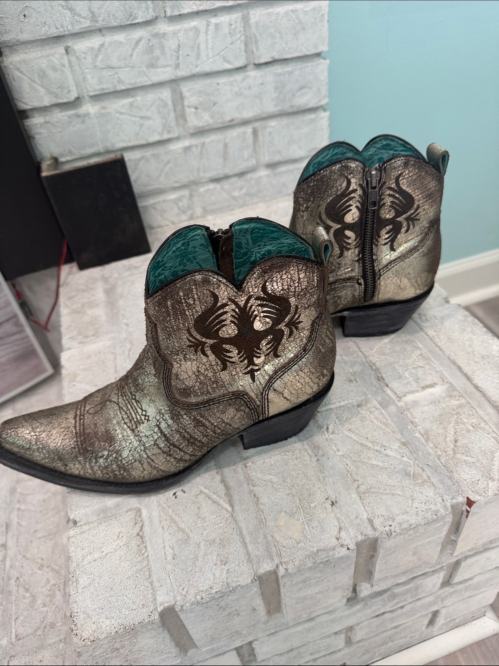 Corral Metallic Gold Ankle Western Booties with Turquoise Lining - Picture 3 of 8